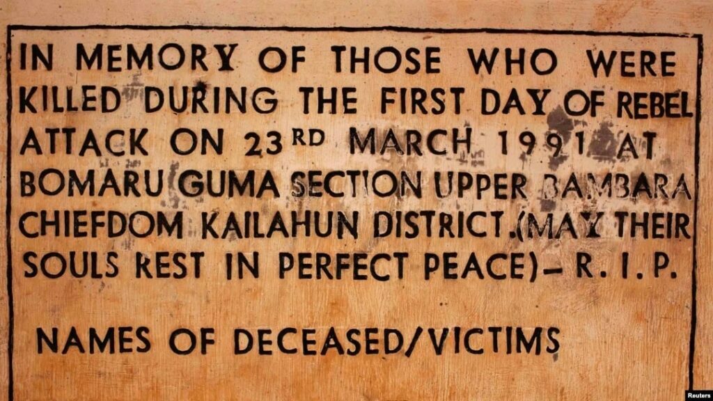 A plaque at the civil war monument in Bomaru, eastern Sierra Leone. Photo by Reuters.